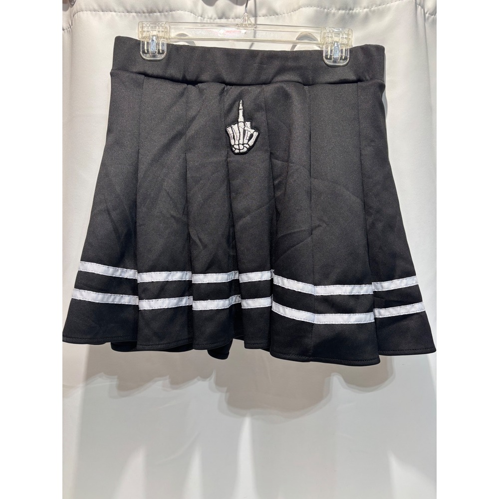 Spencer's Pleated Mini Skirt Women XL Black Skeleton Middle Finger Edgy Goth